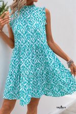 Sky Blue Boho Frill Stand Neck Sleeveless Mini Dress