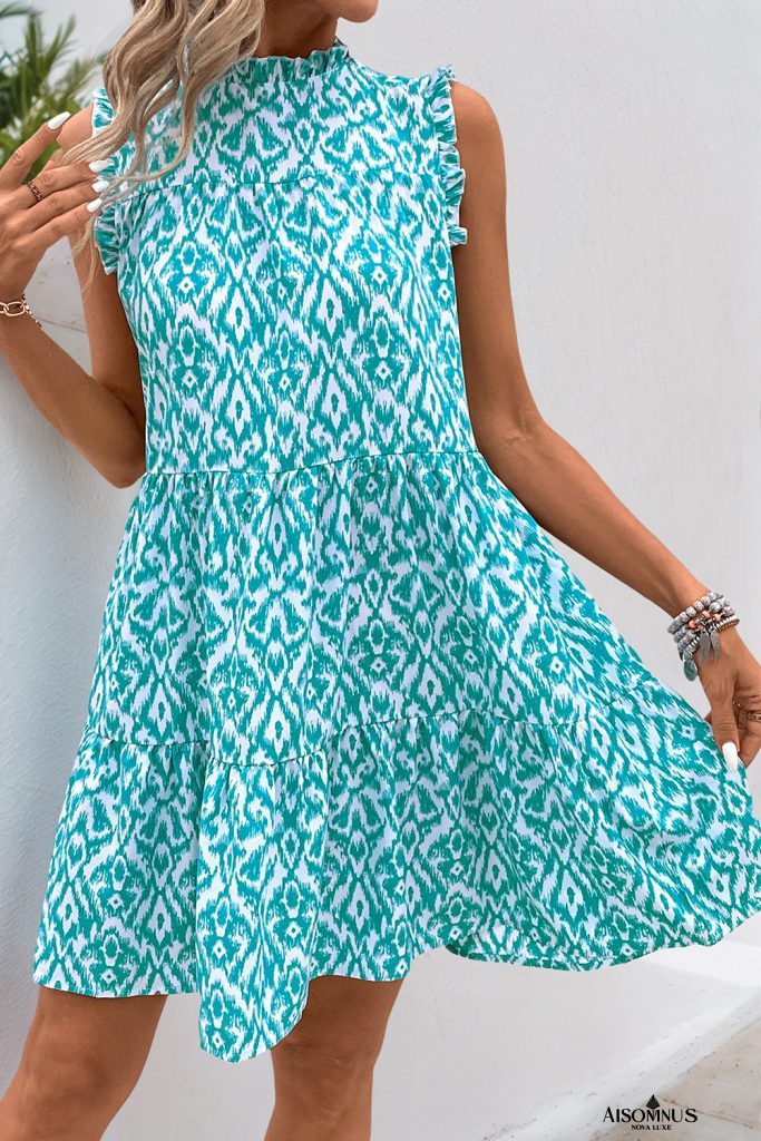 Sky Blue Boho Frill Stand Neck Sleeveless Mini Dress