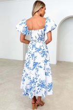 White Abstract Print Bubble Sleeve Swing High End Dress - Image 2