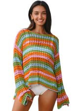 Carrot Striped Hollow Knit Summer Beach Cover Up - Image 12
