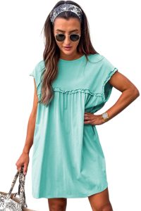 Mint Green Frilled Trim Crewneck Loose Fit Mini Dress - Image 5