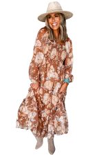 Brown Floral Print Shirred Square Neck High Waist Maxi Dress - Image 14