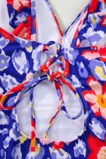 Blue Floral Ruffle Trim V Neck Backless One Piece Swimsuit - Image 9