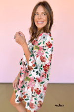 Red Pop of Color V Neck Puff Sleeve Floral Mini Dress - Image 2
