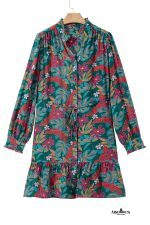 Green Floral Frill V Neck Puff Sleeve Ruffle Mini Dress - Image 18