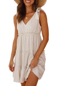Oatmeal Solid Color Tie Strap Ruffle Tiered Mini Dress - Image 20