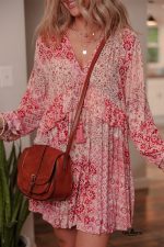 Pink Bohemian Floral Print Tassel Tie Long Sleeve Flowy Mini Dress - Image 6