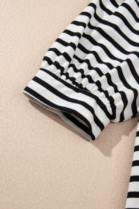 Black Stripe Collared Puff Sleeve Pocketed Mini Dress - Image 13