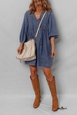 Sail Blue Pleated V Neck 3/4 Sleeve Denim Mini Dress - Image 6
