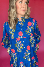 Blue Floral Print Button Front 3/4 Puff Sleeve Ruffle Hem Dress - Image 11