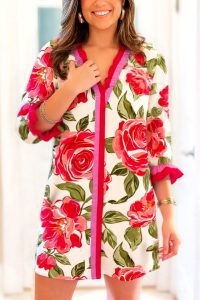 Pink Floral Print Ruffle Trim Pop of Color V Neck Mini Dress