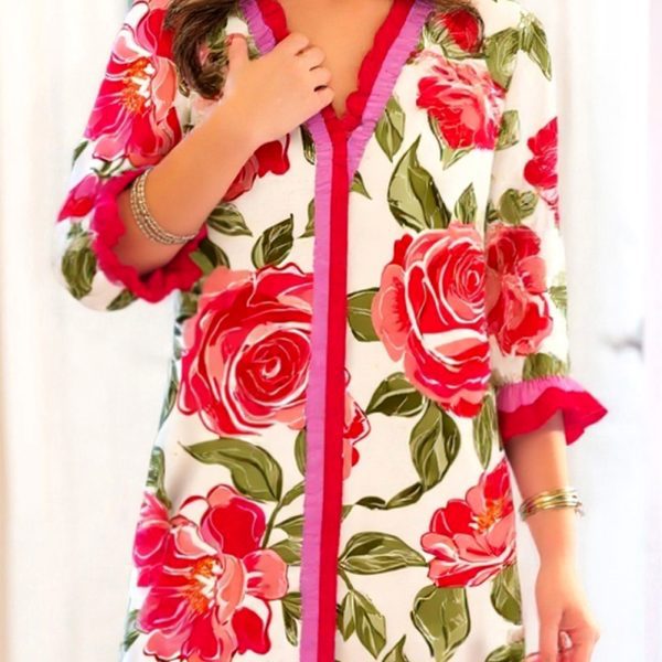 Pink Floral Print Ruffle Trim Pop of Color V Neck Mini Dress