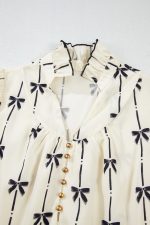 Beige Cute Bowknot Printed Bubble Sleeve V Neck Mini Dress - Image 11