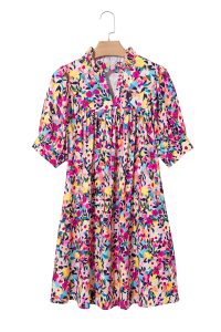 Pink Floral Puff Short Sleeve V Neck Mini Dress - Image 14