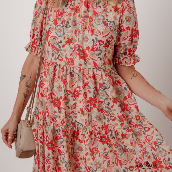 Multicolour Floral Print Frilled Neck Puff Sleeve High Waist Dress