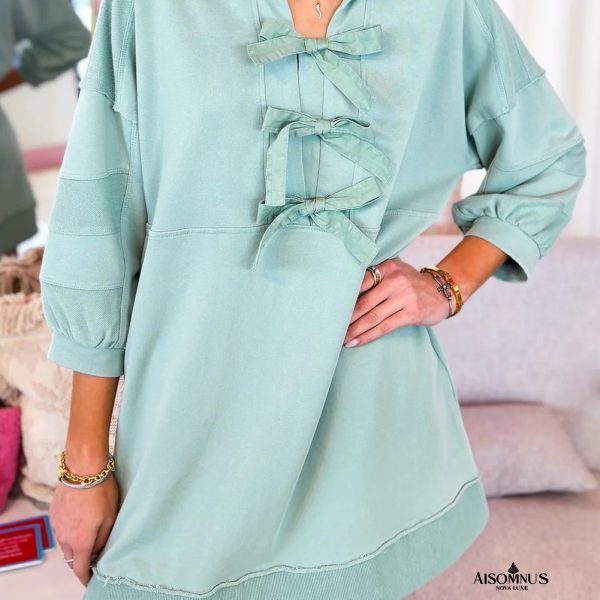 Moonlight Jade Bow Front Patchwork Bracelet Sleeve Mini Dress