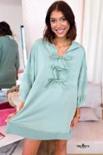 Moonlight Jade Bow Front Patchwork Bracelet Sleeve Mini Dress - Image 3