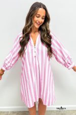 Rose Striped Long Sleeve Buttons Loose Mini Dress - Image 6