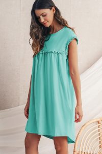 Mint Green Frilled Trim Crewneck Loose Fit Mini Dress - Image 11