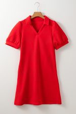 Fiery Red V Neck Puff Sleeve Textured Mini Dress - Image 13