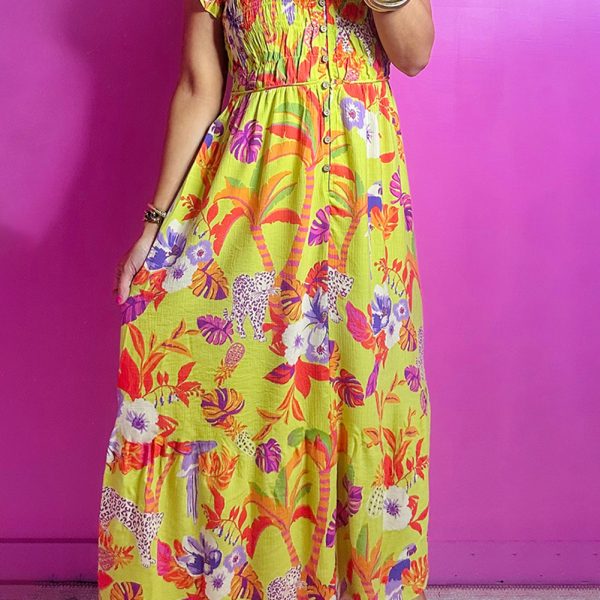 Yellow Cheetah Tropical Print Shirred Button V Neck Maxi Dress
