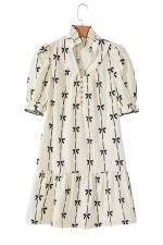Beige Cute Bowknot Printed Bubble Sleeve V Neck Mini Dress - Image 17