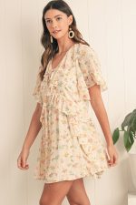 Apricot Boho V Neck Floral Tassel Tie Ruffle Mini Dress - Image 3