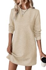 Apricot Plain Textured Long Sleeve Shift Short Dress - Image 4