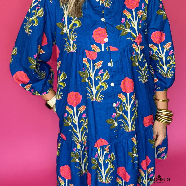 Blue Floral Print Button Front 3/4 Puff Sleeve Ruffle Hem Dress