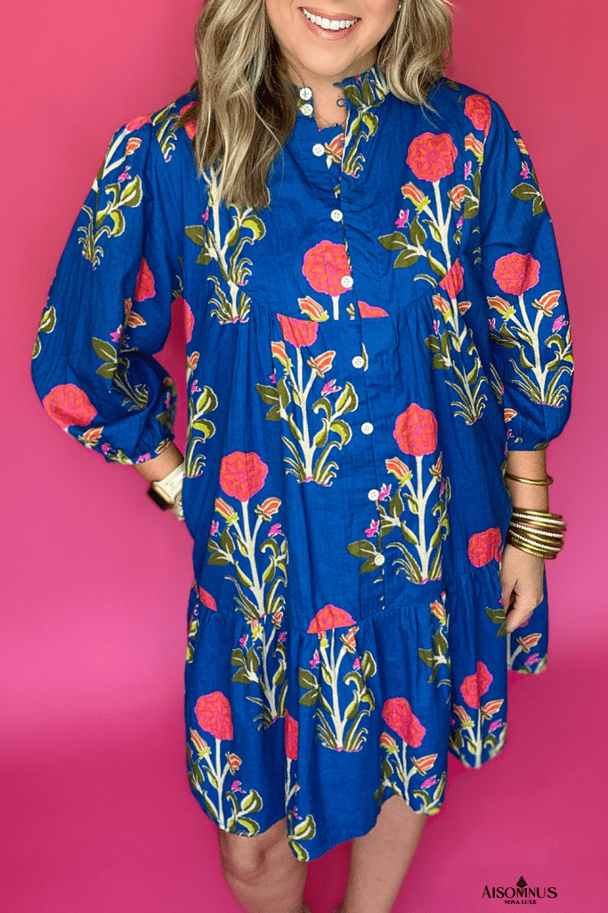 Blue Floral Print Button Front 3/4 Puff Sleeve Ruffle Hem Dress