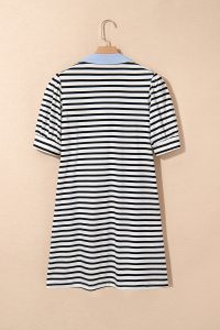 Black Stripe Collared Puff Sleeve Pocketed Mini Dress - Image 10