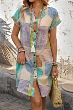 Multicolour Boho Geometric Print Button Up Mini Dress - Image 3