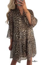 Khaki Leopard 3/4 Sleeve V Neck Swing Dress - Image 4