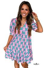 Pink Geometric Print V-Neck Ricrac Trim Mini Dress - Image 7