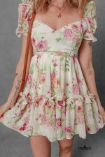 White Floral Print Sweetheart Neck Bubble Sleeve Ruffle Mini Dress - Image 3