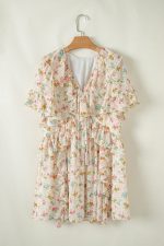 Apricot Boho V Neck Floral Tassel Tie Ruffle Mini Dress - Image 8