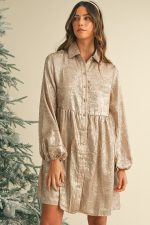 Apricot Metallic Sheen Puff Sleeve Button Up Mini Shirt Dress - Image 4