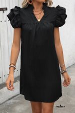 Black V Neck Ruffle Sleeve Shift Mini Dress - Image 4