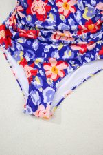 Blue Floral Ruffle Trim V Neck Backless One Piece Swimsuit - Image 12