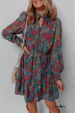 Green Floral Frill V Neck Puff Sleeve Ruffle Mini Dress - Image 5