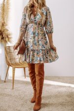 Sky Blue Floral 3/4 Sleeve V Neck High Waist Ruffled Dress - Image 5