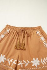 Khaki Embroidered Tassel Tie Elastic Waist Shorts - Image 10