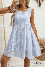 Light Blue Gingham High Waist Sleeveless Mini Dress