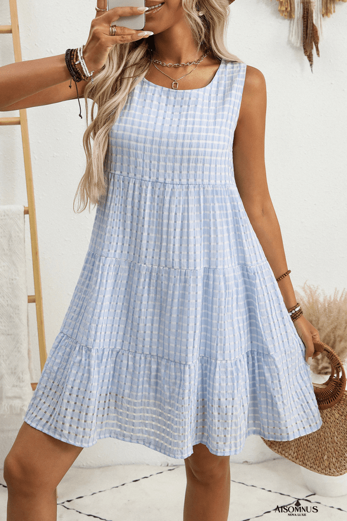 Light Blue Gingham High Waist Sleeveless Mini Dress