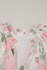 Pink Floral Contrast Edge Ruffle Sleeve Tie Neck Mini Dress - Image 11