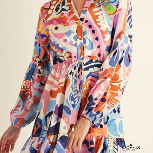 Dark Blue Abstract Floral Print Drawstring Mini Dress