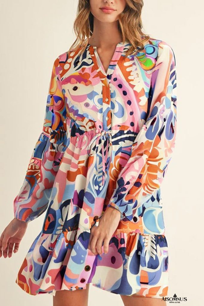 Dark Blue Abstract Floral Print Drawstring Mini Dress