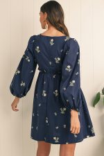 Blue Floral Print Puff Sleeve Babydoll Dress - Image 2