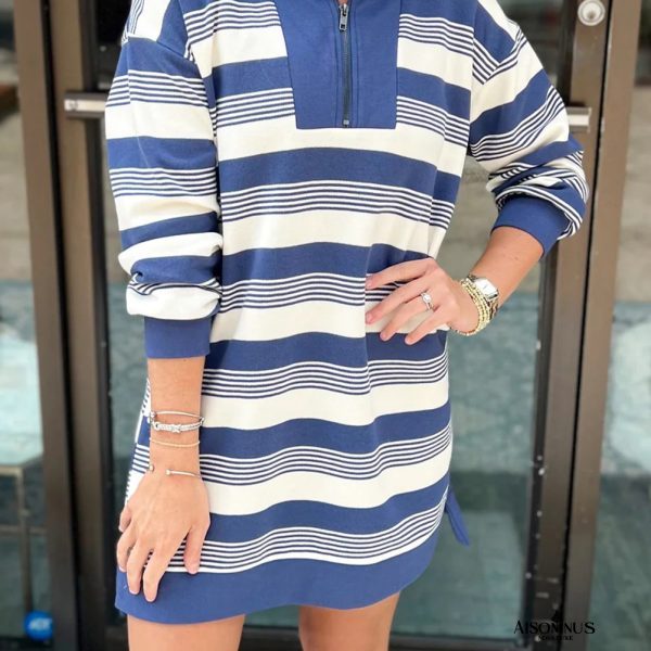 Blue Striped Zipper Collar Long Sleeve Mini Dress