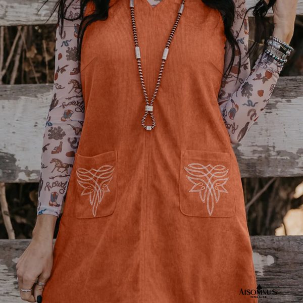 Gold Flame Corduroy Embroidered Patch Pocket Sleeveless Mini Dress
